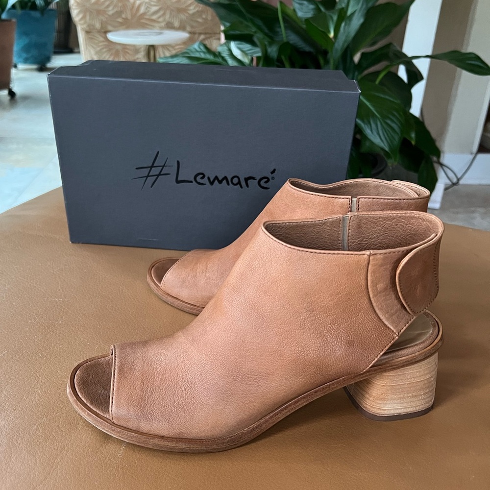 Lemare Tan Leather Peep-Toe Mules